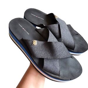 Tommy Hilfiger Sandals Womens US 10 Y2K  Black/Blue Platform Sole Striped Casual